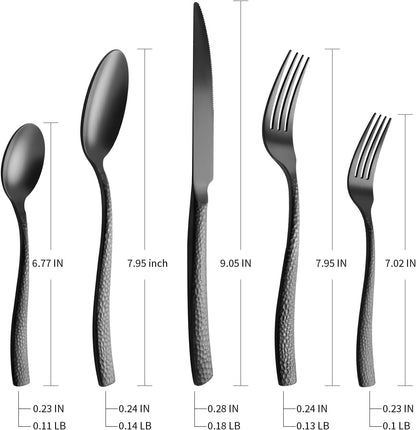 Silverware 45-Piece Matte Black Hammered Flatware Set with Serving Utensils, Stainless Steel Thick