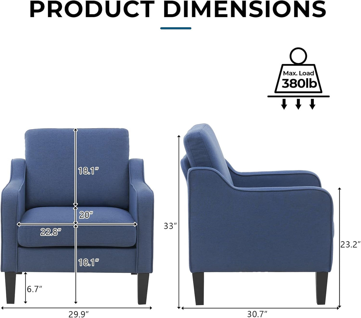 VINGLI Modern Accent Chairs Set of 2, Blue Living Room Chairs Comfy Armchair for Bedroom