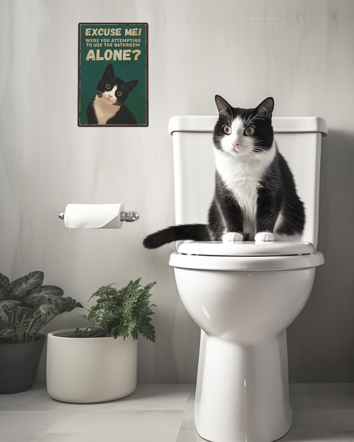 ALKB Funny Tuxedo Cat Metal Signs Black Cat Metal Poster Tuxedo Cat Lover Gift Vintage Bathroom