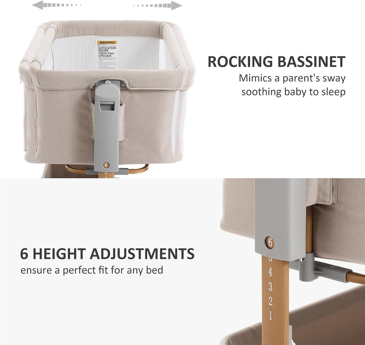 3 in 1 Baby Bassinet, Rocking Bassinet, Bedside Bassinet, 6-Height Adjustable, Bassinet Bedside