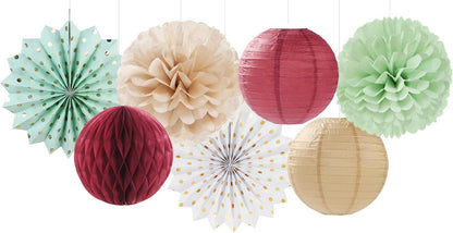 Sage-Olive Green Burgundy Champagne-Gold Party-Decorations - 14pcs Birthday Boho Paper Lanterns Fan
