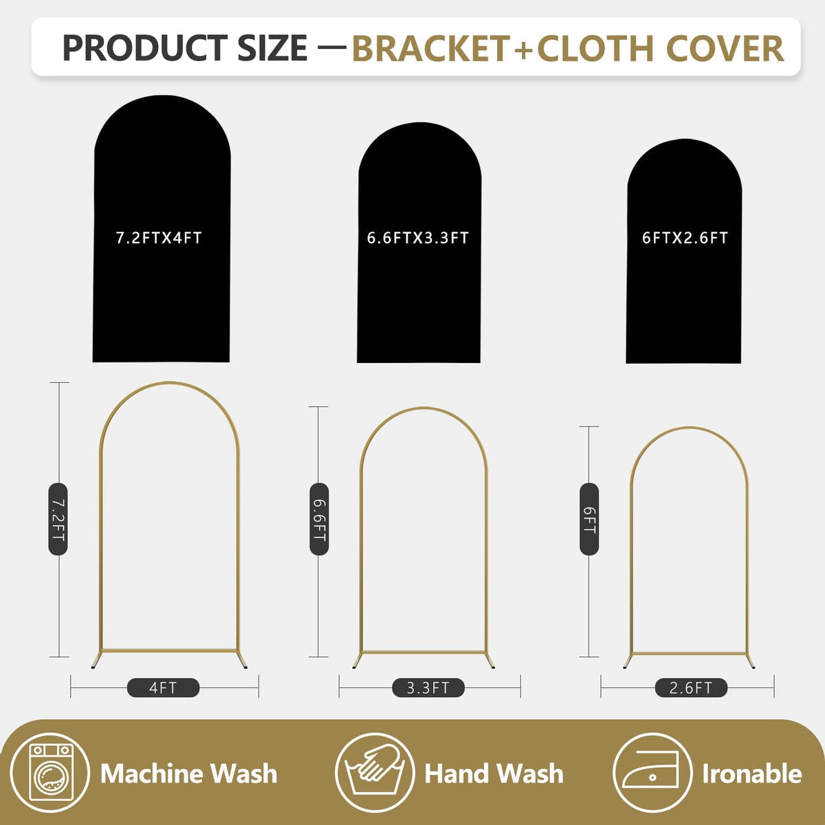 Arch Backdrop Stand and Cover Set, 3 Metal Balloon Arch Backdrop 7.2ft 6.6ft 6ft, Gold Arched Stand