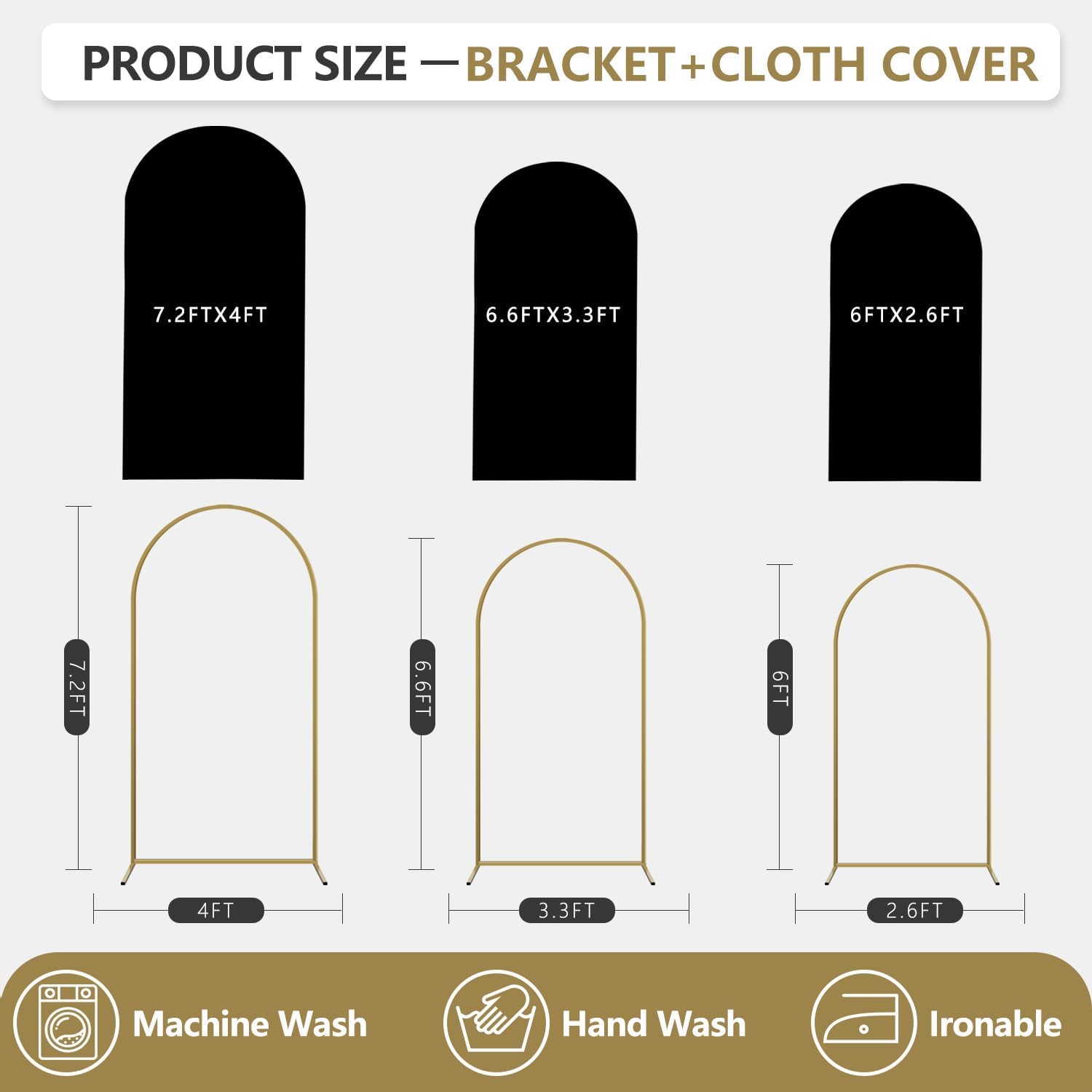 Arch Backdrop Stand and Cover Set, 3 Metal Balloon Arch Backdrop 7.2ft 6.6ft 6ft, Gold Arched Stand