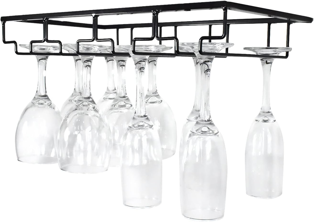 4 Rows Wine Glass Rack Under Cabinet Hanging Stemware Wine Glass Holder Under Shelf, 2 Packs Wire