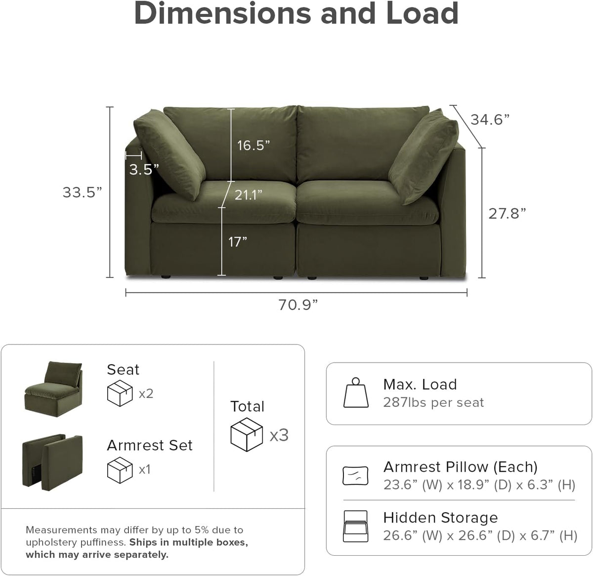 mopio Oversized Modular Sectional Sofa with Fully Removable Covers and Storage, Convertible U