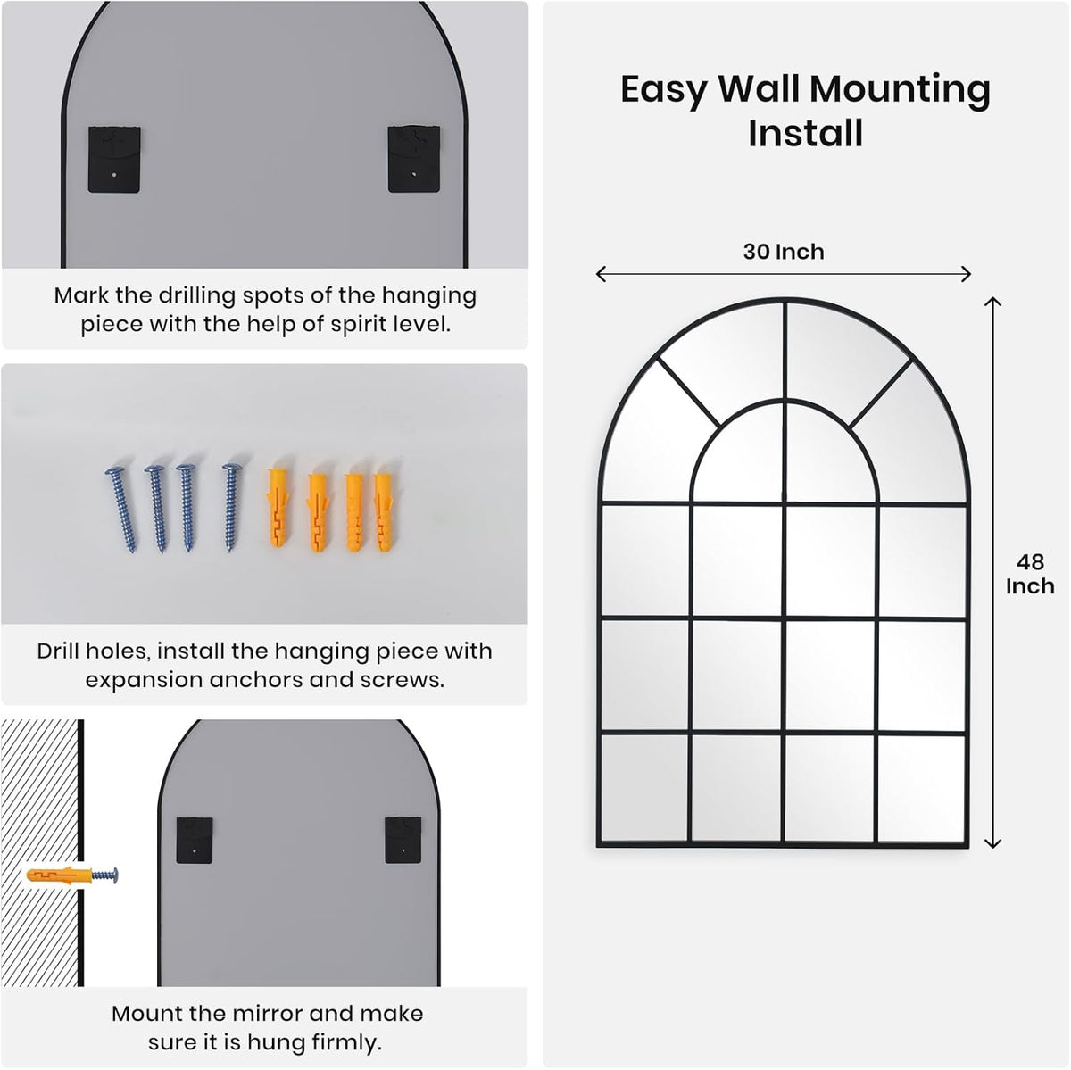Arched Windowpane Wall Mirror 30"x48" Black Wall Mounted Art Pane Mirror Farmhouse Decorative