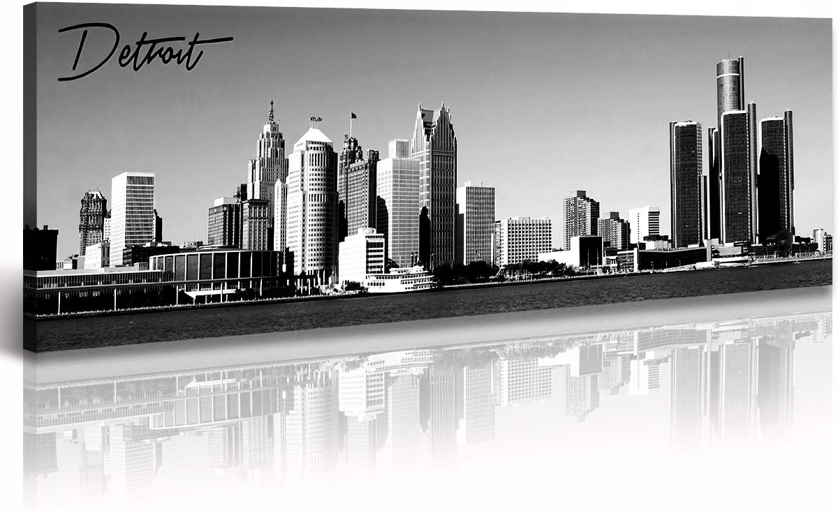 DJSYLIFE Detroit Skyline Wall Art Black and White Canvas Prints USA Skyscraper Panoramic Cityscape