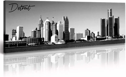 DJSYLIFE Detroit Skyline Wall Art Black and White Canvas Prints USA Skyscraper Panoramic Cityscape