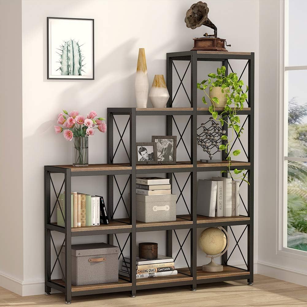 Tribesigns 12 Shelves Bookshelf, Industrial Ladder Corner Bookshelf 9 Cubes Stepped Etagere