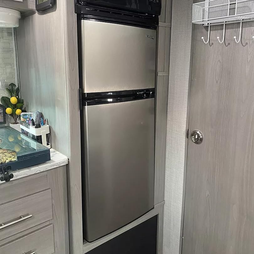 RecPro 4.4 Cu Ft RV Refrigerator | 12V Stainless Steel Fridge with Freezer | Frost-Free, Adjustable