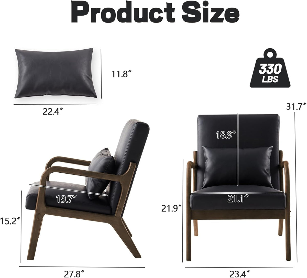 Accent Chair Mid Century Modern Armchair with Lumbar Support Pillow Wood Legs PU Leather
