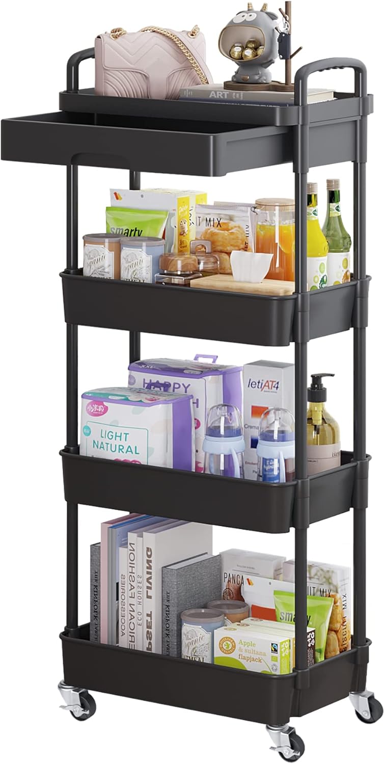 Calmootey 4-Tier Rolling Utility Cart with Drawer,Multifunctional Storage Organizer with Plastic