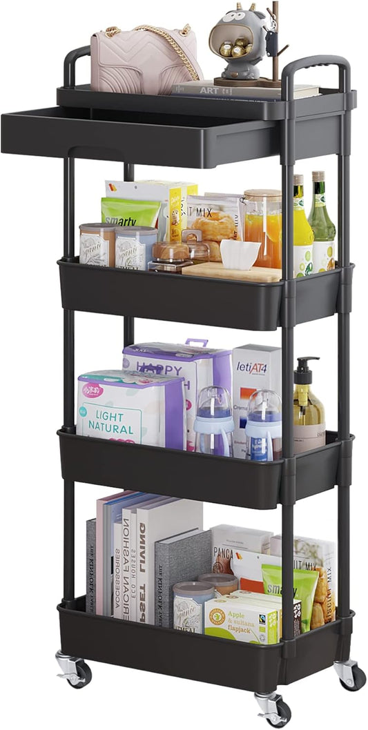 Calmootey 4-Tier Rolling Utility Cart with Drawer,Multifunctional Storage Organizer with Plastic