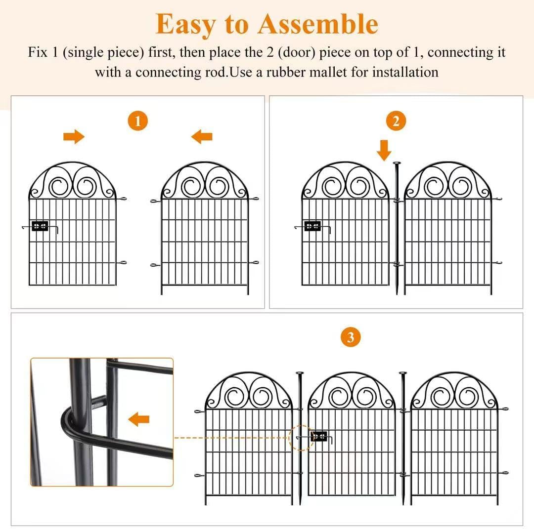 Dog Fence Outdoor for Yard, 32 in(H)×8.8 Ft(L) 4 Panels Garden Fences with Gate, Black Metal No Dig