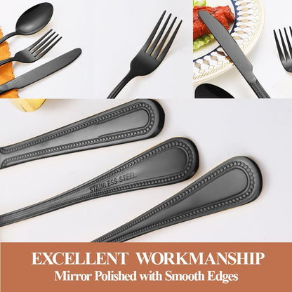 40 Pcs Black Silverware Set for 8 with Pearled Edge Handle design, Food Grade Stainless Steel