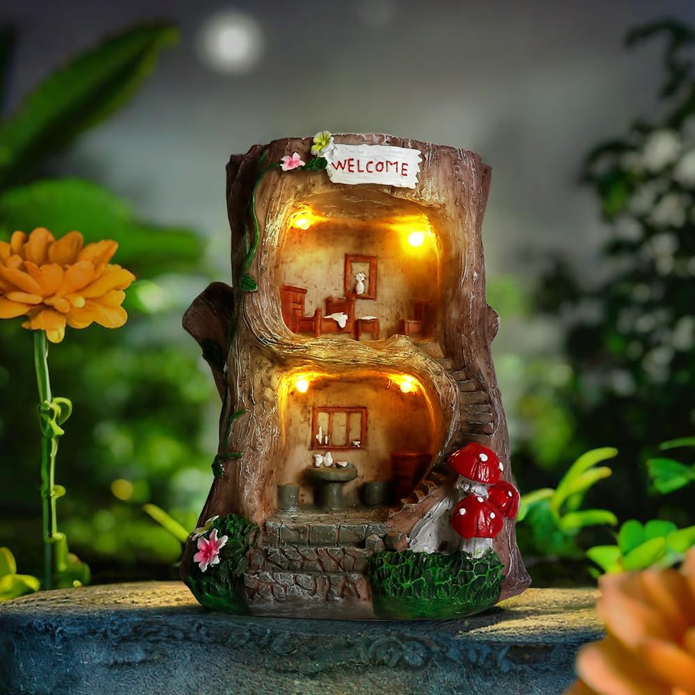Solar Light Gnome Fairy Garden House for Outside, Big Size Fairy Miniature Buildings Accessories