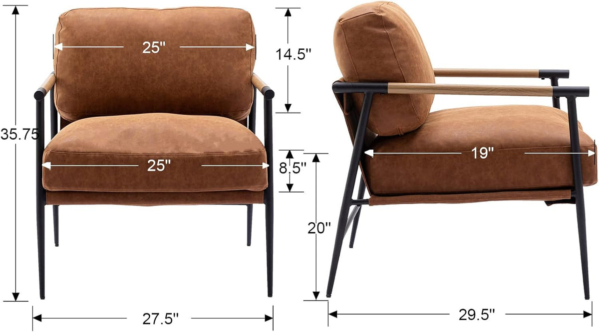 Mid-Century Accent Chair Set of 2, Soft Armchair PU Leather Lounge Chair with Black Metal Legs