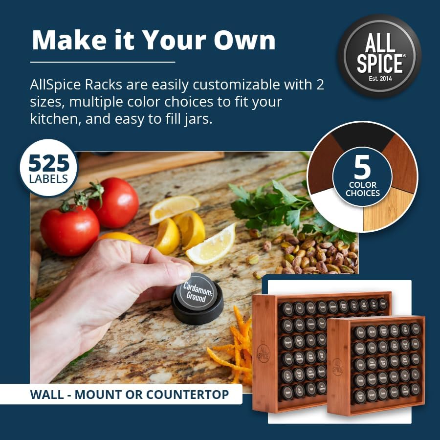 AllSpice Spice Rack Organizer, Wood, 525 Unique Labels, Countertop or Wall Mount, Includes 30 4oz