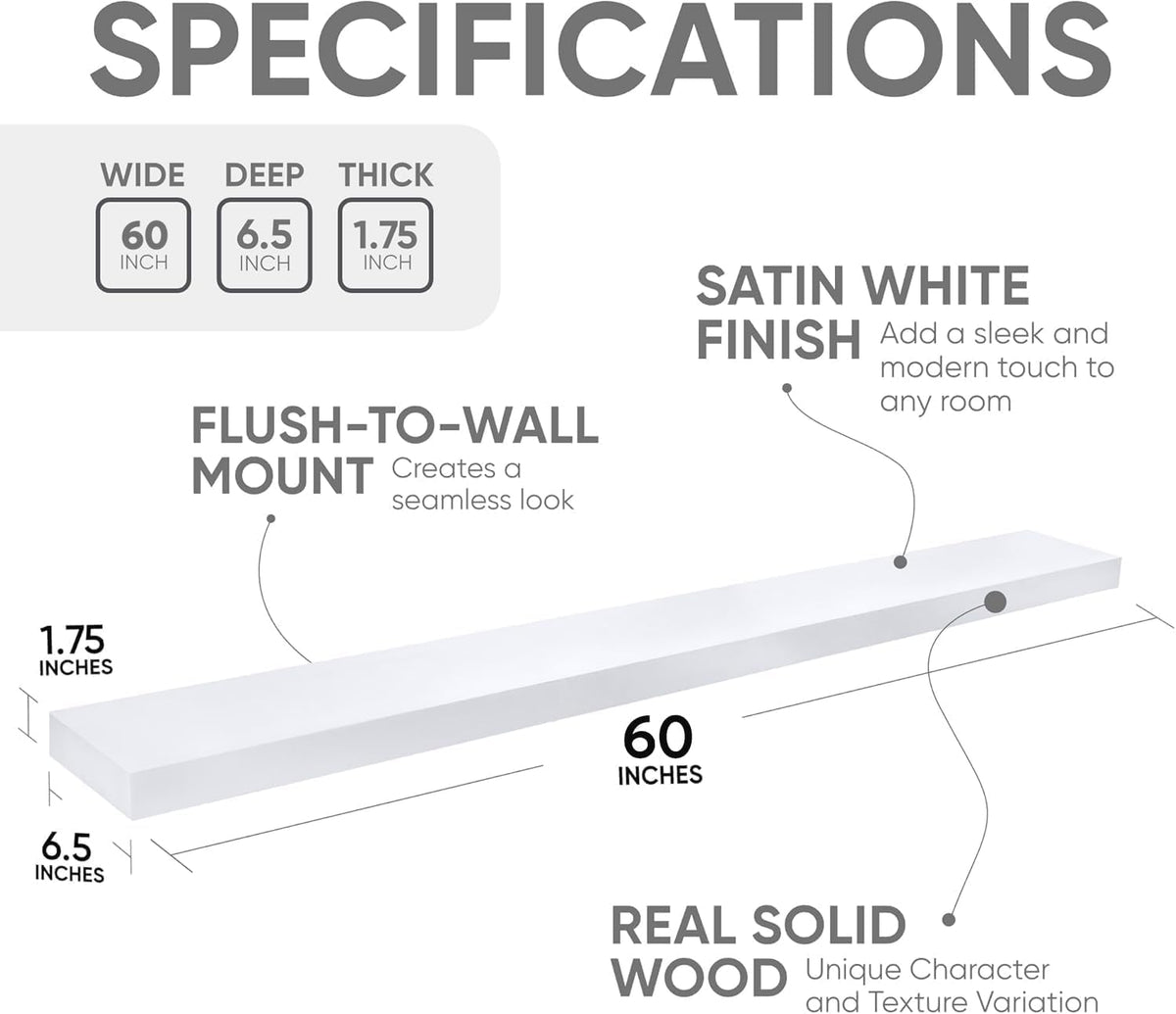 Homeforia Floating White Shelf 60 inches, High End Solid Real Wood 60inch Long Floating Shelves for