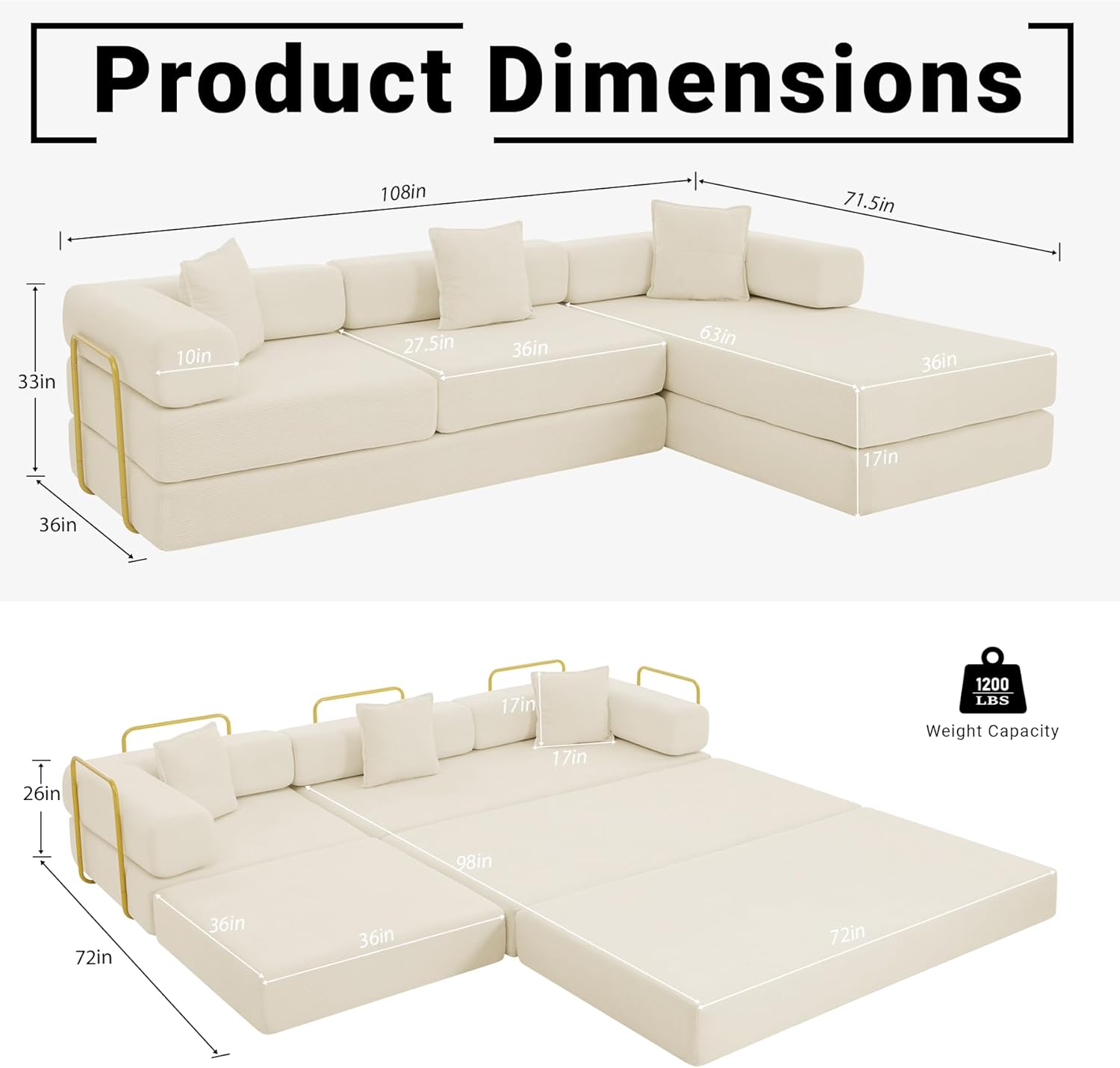 108" Oversized Convertible Sleeper Sofa Bed, Corduroy L Shape Sectional Couch, Folding Sofa Bed