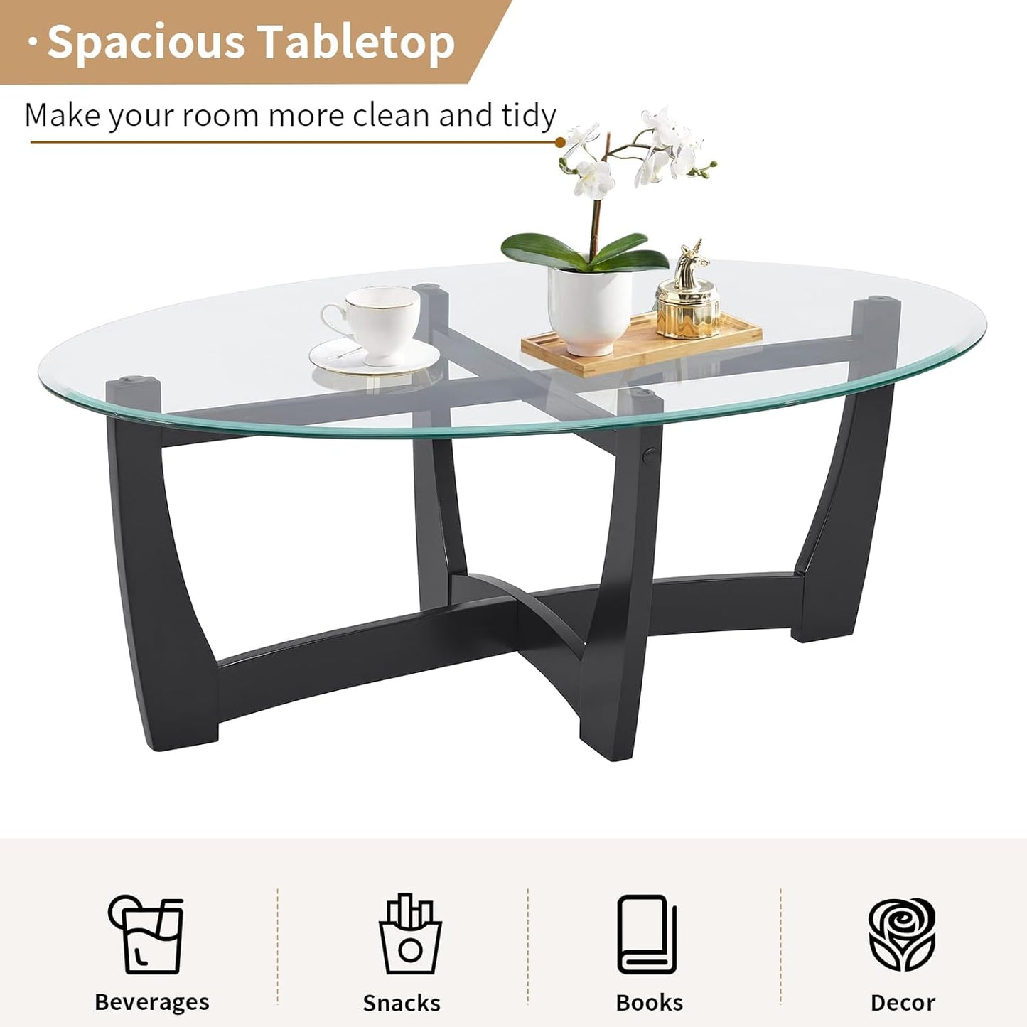 48" Oval Glass Coffee Table with Tempered Glass Top Cross and Solid Wood Base Simple & Modern