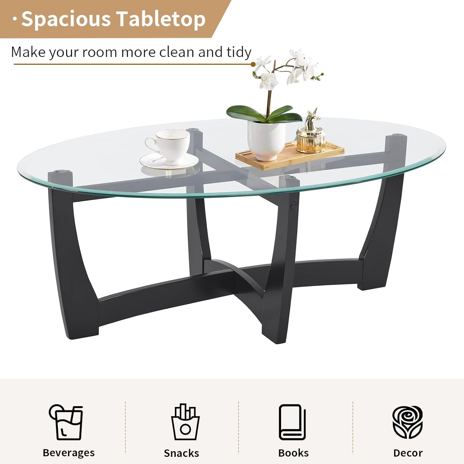 48" Oval Glass Coffee Table with Tempered Glass Top Cross and Solid Wood Base Simple & Modern