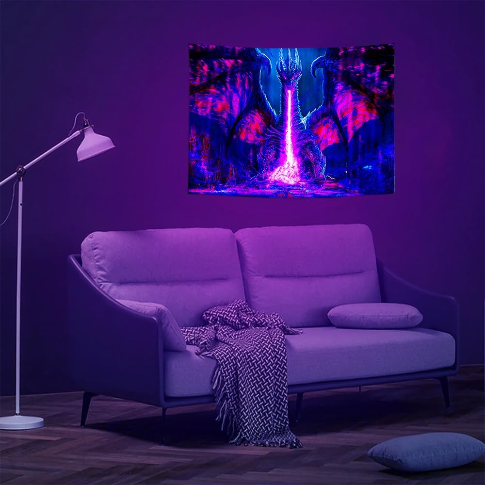 ADDWel Blacklight Dragon Tapestry, Cool Evil-Dragon Tapestry Glow In The Dark, UV Reactive Black