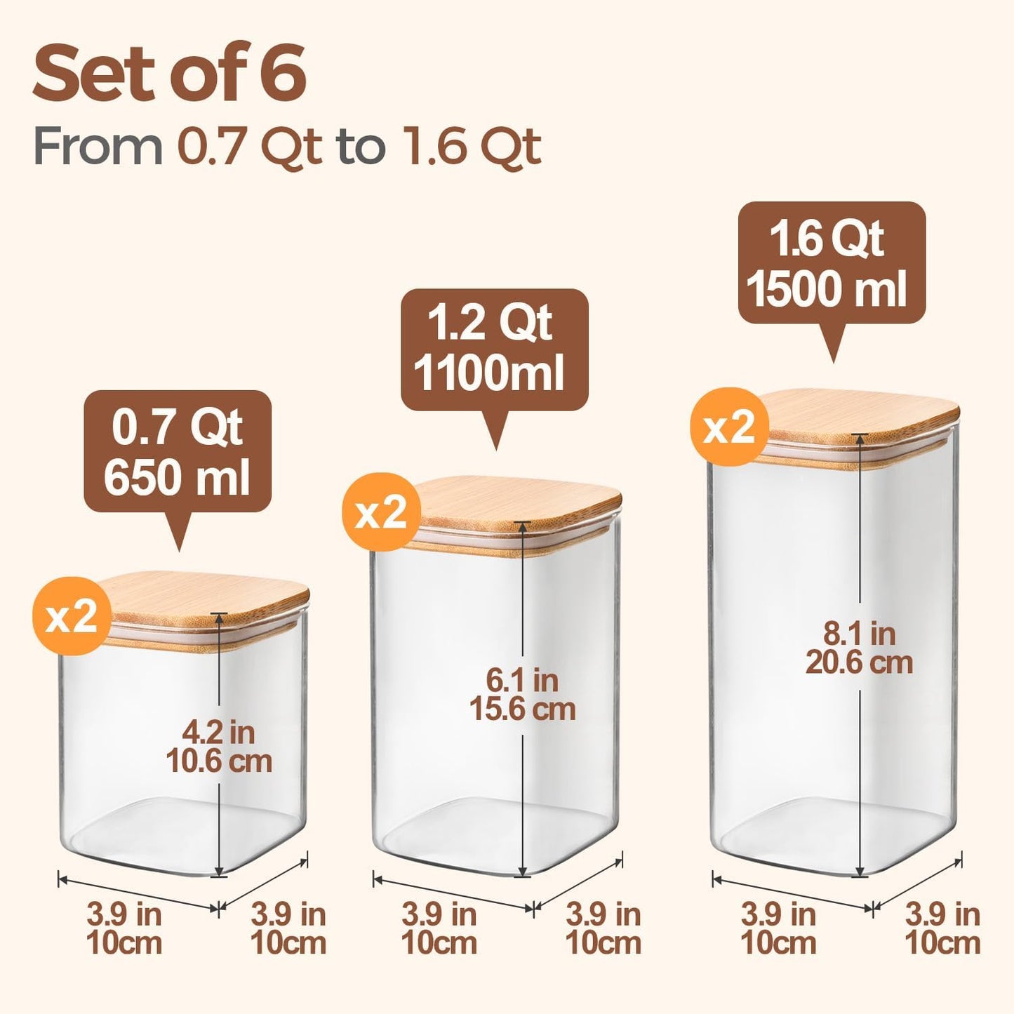 ComSaf Airtight Glass Storage Canister with Lids (0.7Qt/1.2Qt/1.6Qt) Set of 6, Food Storage
