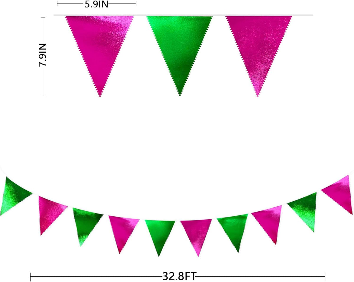 Pink and Green Party Decorations Metallic Hot Pink Light Green Fabric Triangle Pennant Banner Flag
