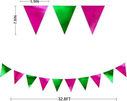 Pink and Green Party Decorations Metallic Hot Pink Light Green Fabric Triangle Pennant Banner Flag