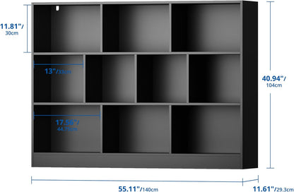 Cozy Castle Black Bookshelf, 3-Tier Open Shelf Bookcase, 10 Cube Storage Organizer with Anti-Tilt
