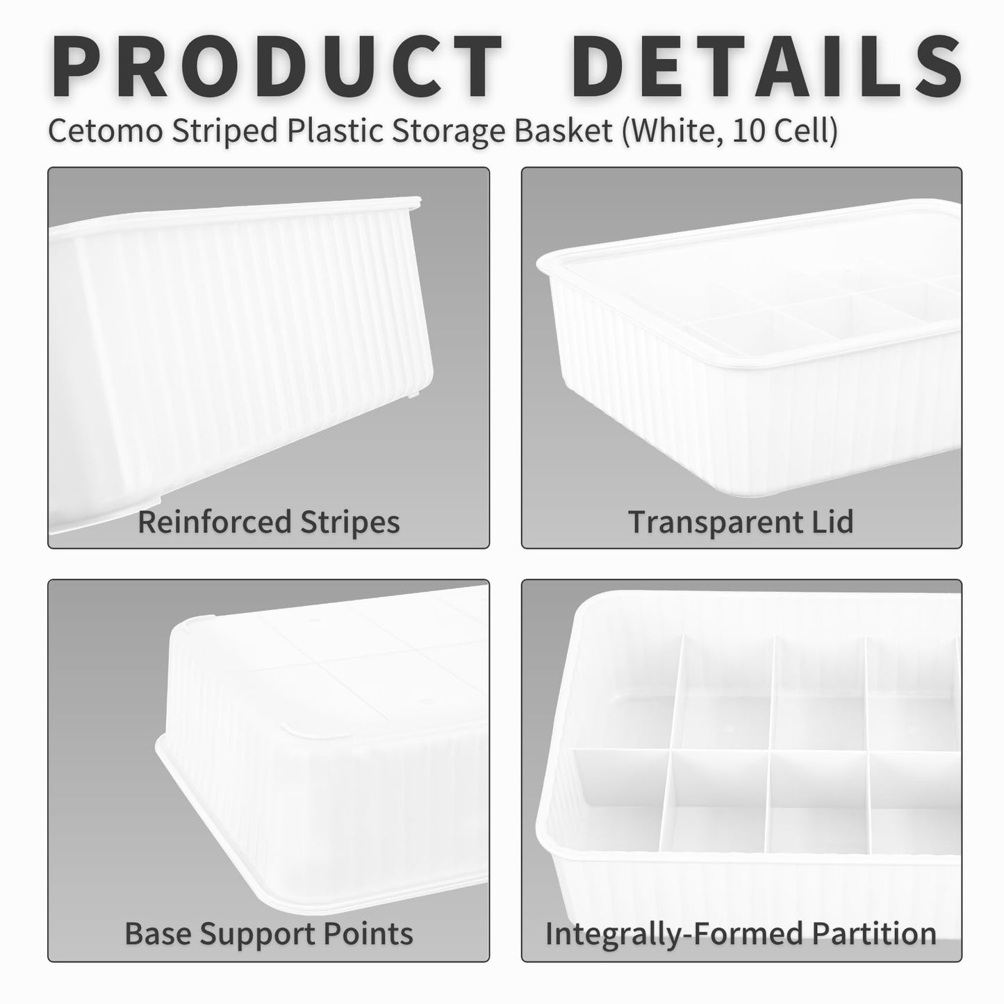 Cetomo 10 Cells Plastic Underwear Sock Drawer Organizer with Lid, Lidded Storage Box with Dividers