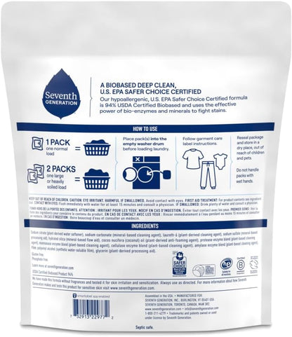 Seventh Generation Laundry Detergent Packs, Free & Clear, Made for Sensitive Skin, 45 Count