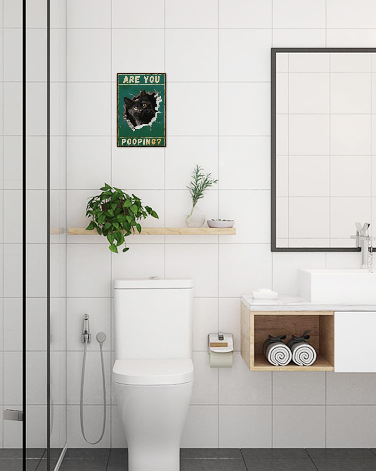 ALKB Are You Pooping Signs Funny Black Cat Sign for Bathroom Wall Decor, Vintage Cat Gift 8 x 12