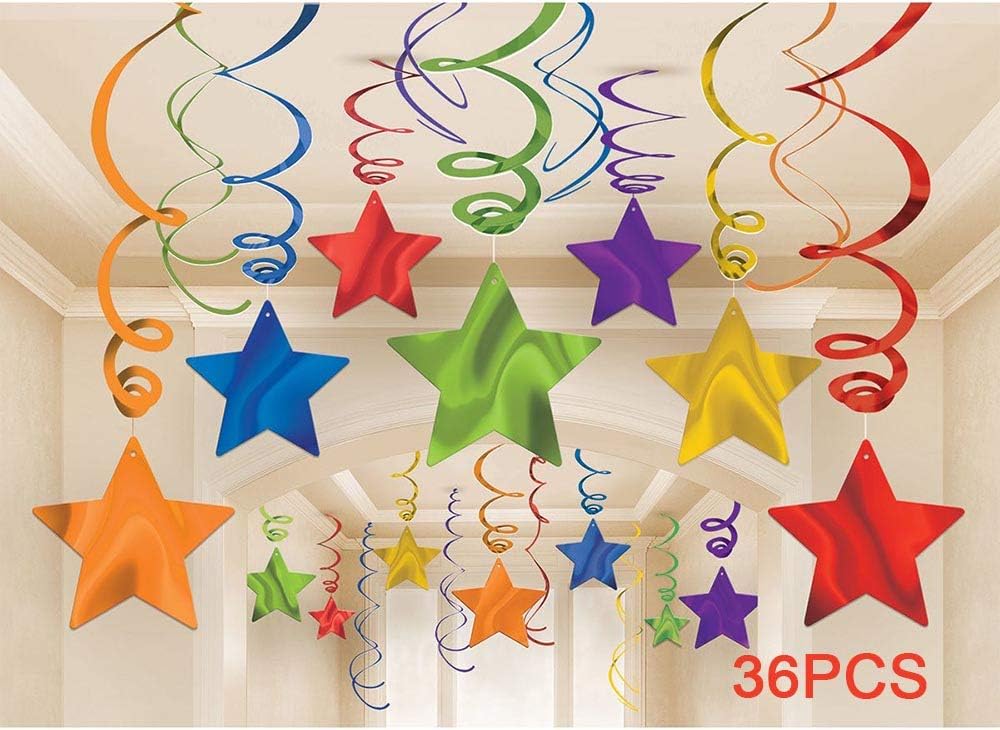 Rainbow Party Star Swirl Decorations, Rainbow Foil Ceiling Hanging Swirl Decorations with Star