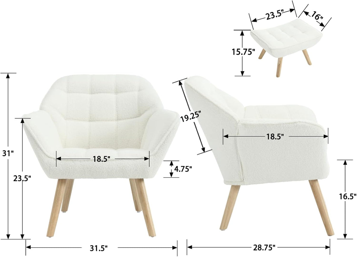 Modern Sherpa Accent Chair with Ottoman Set of 2, Fluffy Upholstered Lounge Chair with Footrest