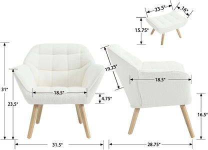 Modern Sherpa Accent Chair with Ottoman Set of 2, Fluffy Upholstered Lounge Chair with Footrest