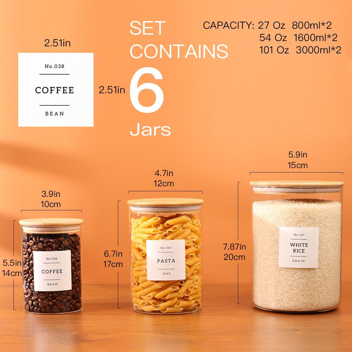 6-Pack Borosilicate Glass Storage Jars with Bamboo Lids + 132 Pre-Printed Pantry Labels Included