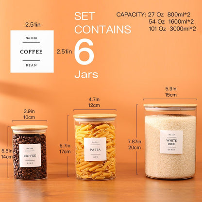 6-Pack Borosilicate Glass Storage Jars with Bamboo Lids + 132 Pre-Printed Pantry Labels Included