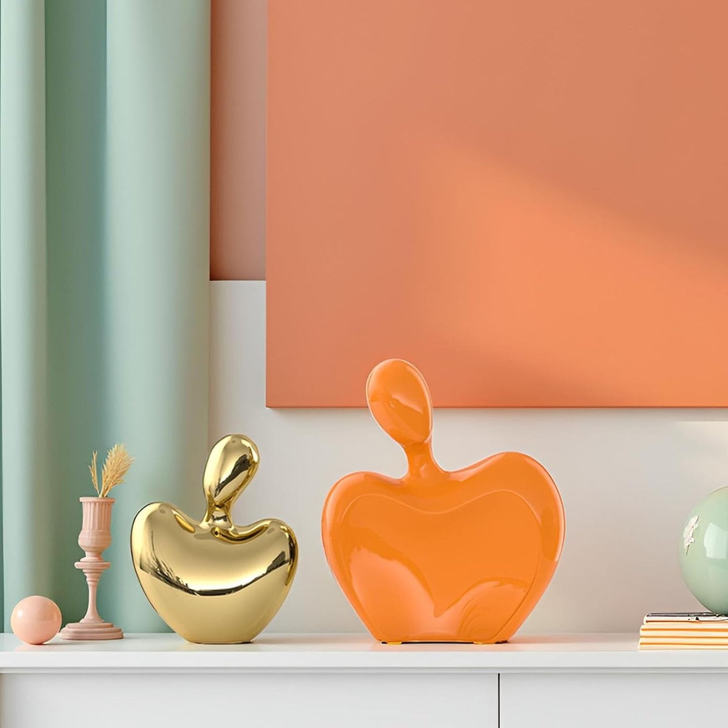 XMGZQ Orange and Gold Ceramic Couple Figurines Home Decor,Wedding Engagement Romantic Gift for
