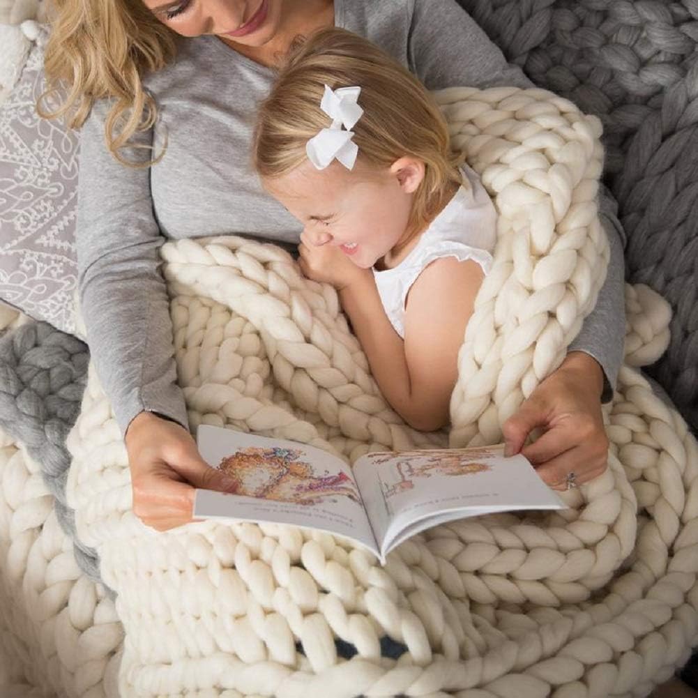 Chunky Knit Blanket Hand Made Merino Wool Throw Boho Bedroom Sofa Home Decor Giant Yarn(Ivory White