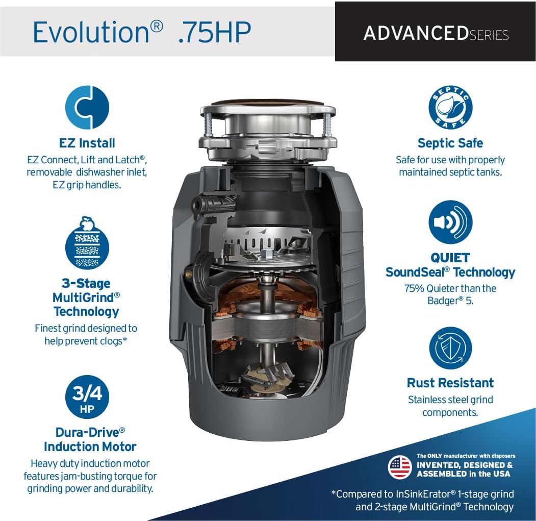InSinkErator EVOLUTION 0.75HP 3/4 HP, Advanced Series EZ Connect Continuous Feed Food Waste Garbage