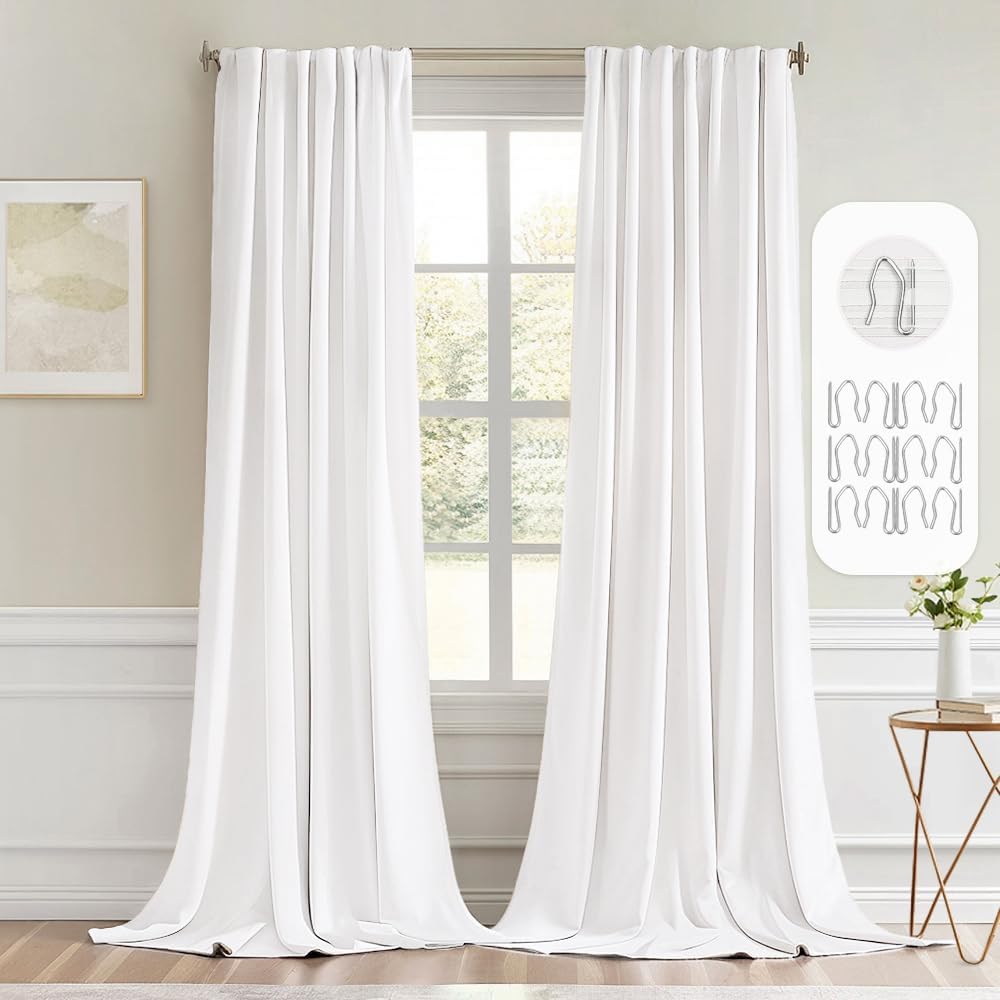 MIULEE Pure White Back Tab Blackout Curtains 108 Inch Long 2 Panels Set for Bedroom, Rod