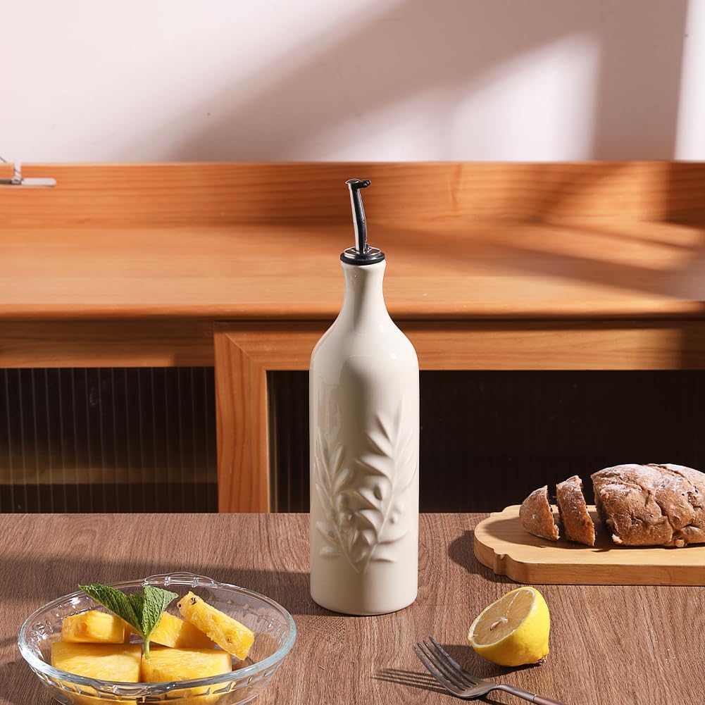 Sweejar Large Ceramic Olive Oil Dispenser Bottle, 24 Oz Relief Opaque Oil Cruet Protects Oil To