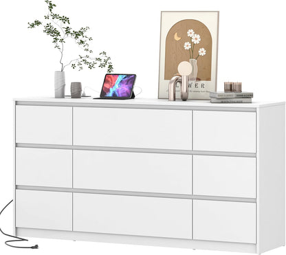 White Malm Dresser for Bedroom, 63 Inch Long 9 Drawers Dresser with Charging Station, Modern Large