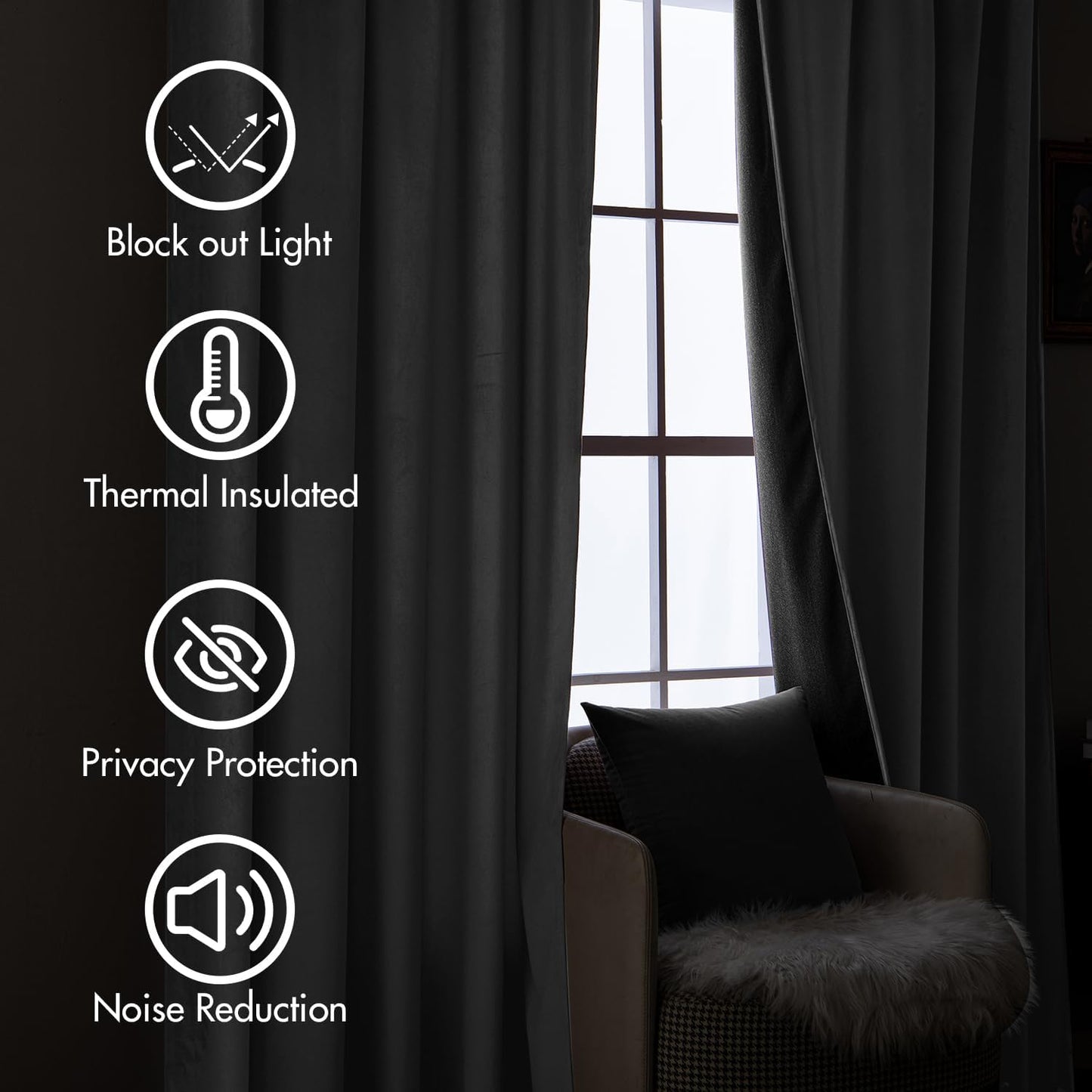 MIULEE Grey Velvet Curtains 90 inches Long 2 Panels - Luxury Pinch Pleated Room Darkening Window
