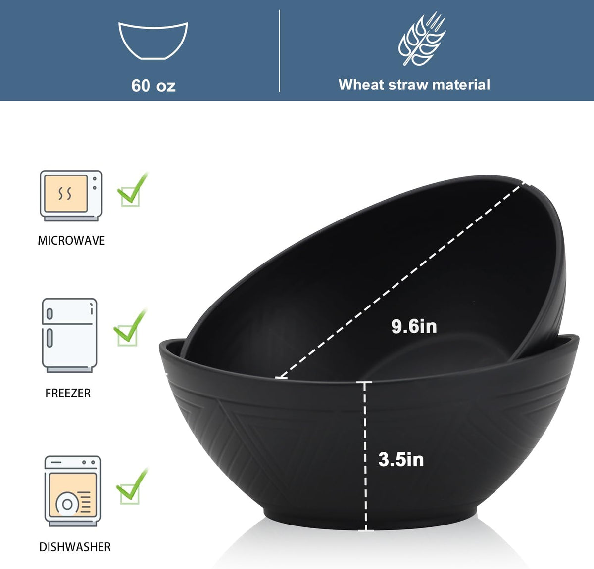 65oz Big Wheat Straw Bowls - Large Salad Bowls set of 6 - Unbreakable Serving Bowls - Microwave &
