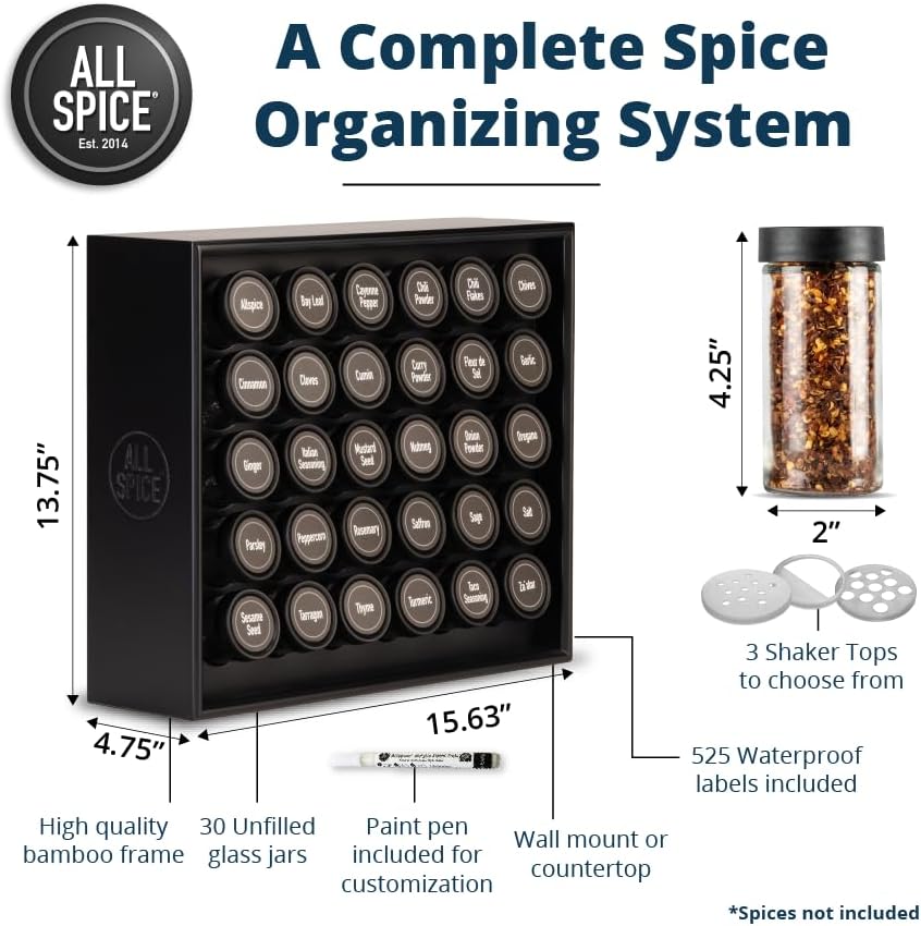 AllSpice Spice Rack Organizer, Wood, 525 Unique Labels, Countertop or Wall Mount, Includes 30 4oz