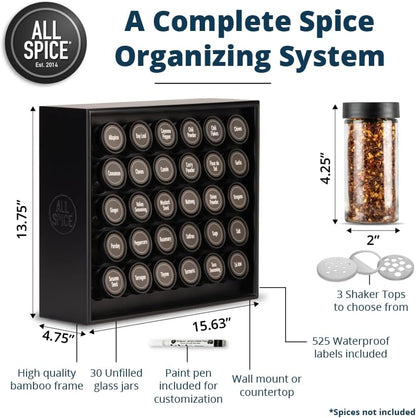 AllSpice Spice Rack Organizer, Wood, 525 Unique Labels, Countertop or Wall Mount, Includes 30 4oz