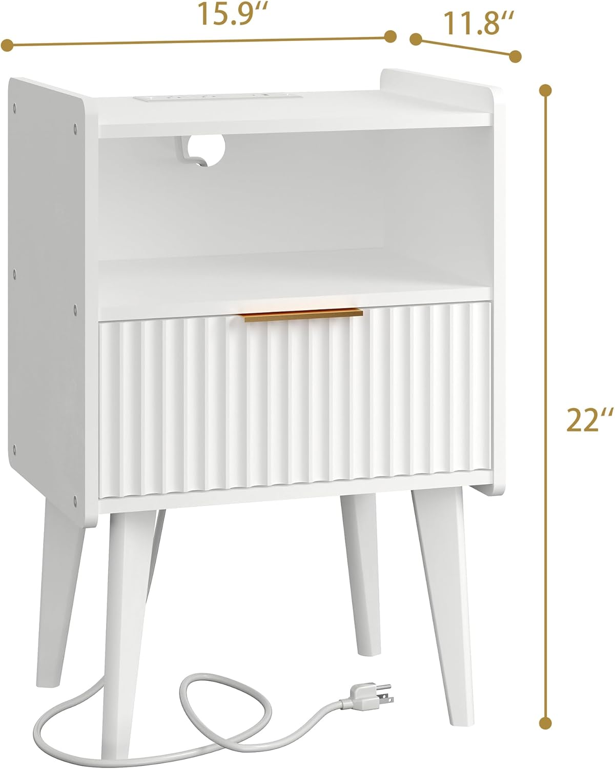 Fluted Nightstand with Charging Station, Modern Bedside Table with Drawer,White Nightstand with